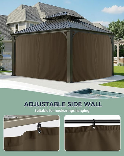 Gazebo Curtains Outdoor Waterproof - 10'Wx12'Lx7.9'H Gazebo Universal Replacement Privacy Curtains, 4 Panels Sidewall Drapes with Zipper for Patio Pergola Garden Backyard, Brown