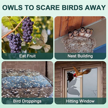 Owls to Keep Birds Away: 4Pcs Fake Owls with Reflective Tape for Garden Patio, Bird Scare Reflective Hanging Decoration to Keep Birds Pigeon from Windows Tree Garden