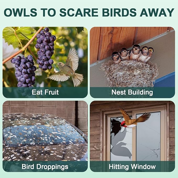 Owls to Keep Birds Away: 3Pcs Fake Owls with Reflective Tape for Garden Patio, Bird Scare Reflective Hanging Decoration to Keep Birds Pigeon from Windows Tree Garden