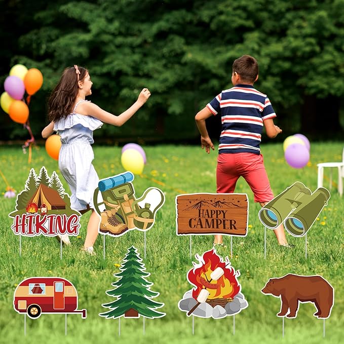 Amyhill 12 Pcs Spring Camping Yard Signs Decoration Happy Camper Decorations for Outdoor with Stakes Waterproof Decor Adventure for Summer Festive Holiday Party Patio Lawn Walkway Decorations
