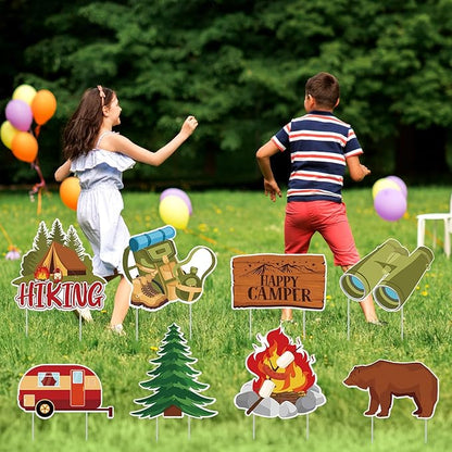 Amyhill 12 Pcs Spring Camping Yard Signs Decoration Happy Camper Decorations for Outdoor with Stakes Waterproof Decor Adventure for Summer Festive Holiday Party Patio Lawn Walkway Decorations