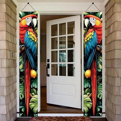 Tropical Parrot Porch Banners 71x12 Inch Summer Luau Party Decorations Colorful Macaw Hanging Door Signs Jungle Leaves Citrus Fruits Outdoor Patio Welcome Banner for Home Decor
