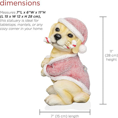 Alpine Corporation 11" Tall Indoor/Outdoor Christmas Golden Labrador Puppy Statue with Santa Hat and Candy Cane, Holiday Decoration for Porch, Tabletop, or Entryway
