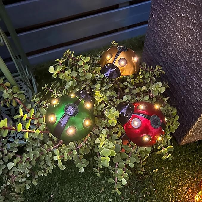 keeda Solar Ladybugs Garden Decor, Waterproof 5.5 Inch Metal Lady Bugs Cute Wall Art LED Garden Light Outside Decor for Porch Lawn Patio Balcony Pathway (3 PCS)