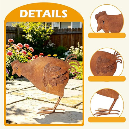 Metal Rooster Garden Decor for Outside, 12.6" Rusty Chicken Outdoor Decor for Patio Lawn Backyard, Decoration Yard Art Animal Ornaments Vintage Rustic Chicken Figurine Sculptures Statues