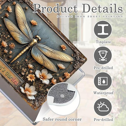 Custom Garden Signs Personalized Metal Tin Sign for Women, Retro Dragonfly Metal Sign for Outdoor, Patio, Yard Rustic Home Decor Gift for Mothers Day, Grandmas, and Gardening Lovers