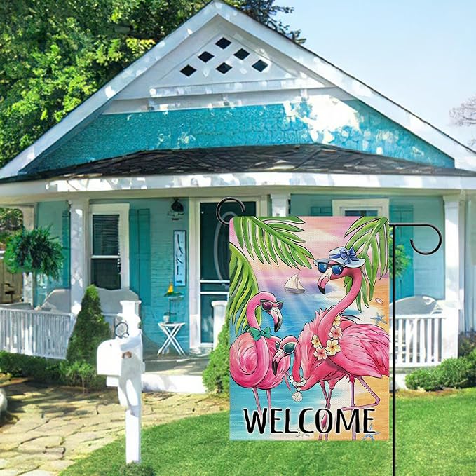 Dyrenson Welcome Summer Flamingo Decorative Garden Flag, Beach Coastal Tropical Palm Leaves Yard Outside Home Decoration, Hawaii Nautical Seasonal Burlap Outdoor Small Decor Double Sided 12 x 18