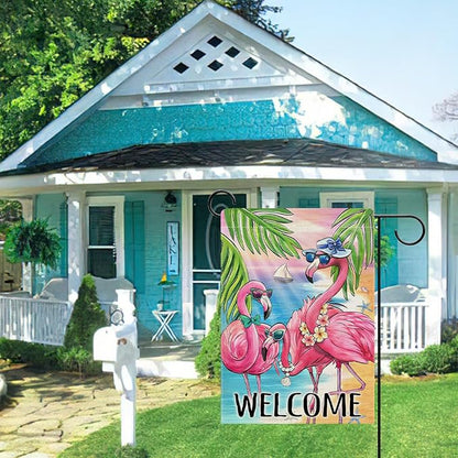 Dyrenson Welcome Summer Flamingo Decorative Garden Flag, Beach Coastal Tropical Palm Leaves Yard Outside Home Decoration, Hawaii Nautical Seasonal Burlap Outdoor Small Decor Double Sided 12 x 18