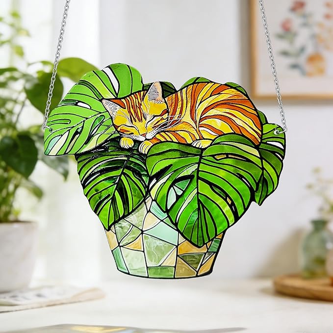 Cat Stained Glass Suncatcher Window, Hanging Sun Catchers Indoor Window, Suncatcher for Mom/Women (Monstera & Cat)