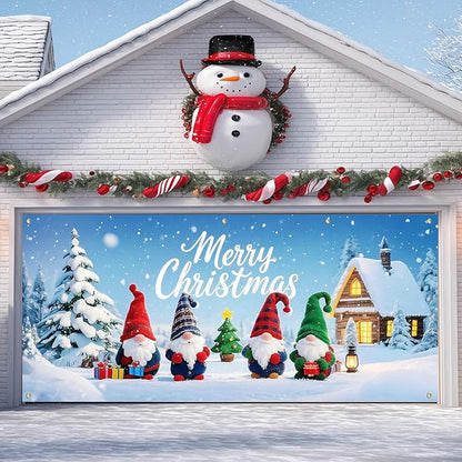 IVN Christmas Garage Door Cover Decoration 13x6ft Gnomes with Snowy Cottage and Pine Trees Merry Christmas Garage Door Banner Home Door Front Yard Decor for Xmas Eve Holiday Outdoor