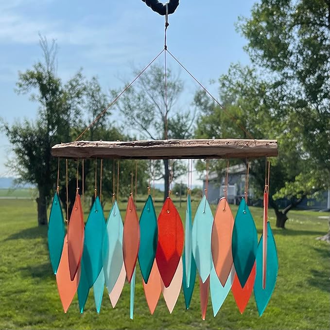 Blue Handworks Coral and Teal Glass & Driftwood Chime, Sandblasted Glass and Found Wood Handcrafted Wind Chime