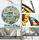 VAIIEYO Welcome Sun Catcher Stained Glass Window Hanging Ornament, Handmade Sun Catcher Flower Decoration with Hooks for Window Garden Home, Christmas & Birthday Housewarming Gift (7.8 inch)