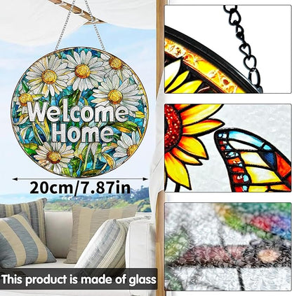 VAIIEYO Welcome Sun Catcher Stained Glass Window Hanging Ornament, Handmade Sun Catcher Flower Decoration with Hooks for Window Garden Home, Christmas & Birthday Housewarming Gift (7.8 inch)