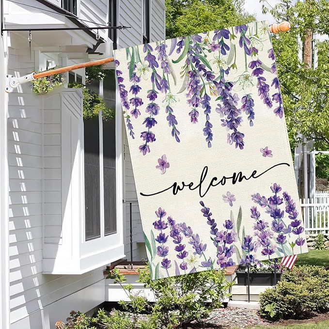 Baccessor Spring Summer Welcome Floral House Flag 28 x 40 Inch Vertical Double Sided Burlap Lavender Purple Flower Farmhouse Easter Yard Flag Holiday Seasonal Yard Outdoor Outside Decoration
