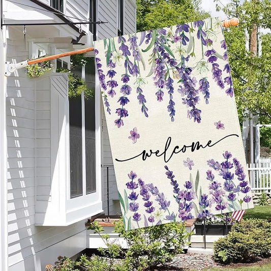 Baccessor Spring Summer Welcome Floral House Flag 28 x 40 Inch Vertical Double Sided Burlap Lavender Purple Flower Farmhouse Easter Yard Flag Holiday Seasonal Yard Outdoor Outside Decoration