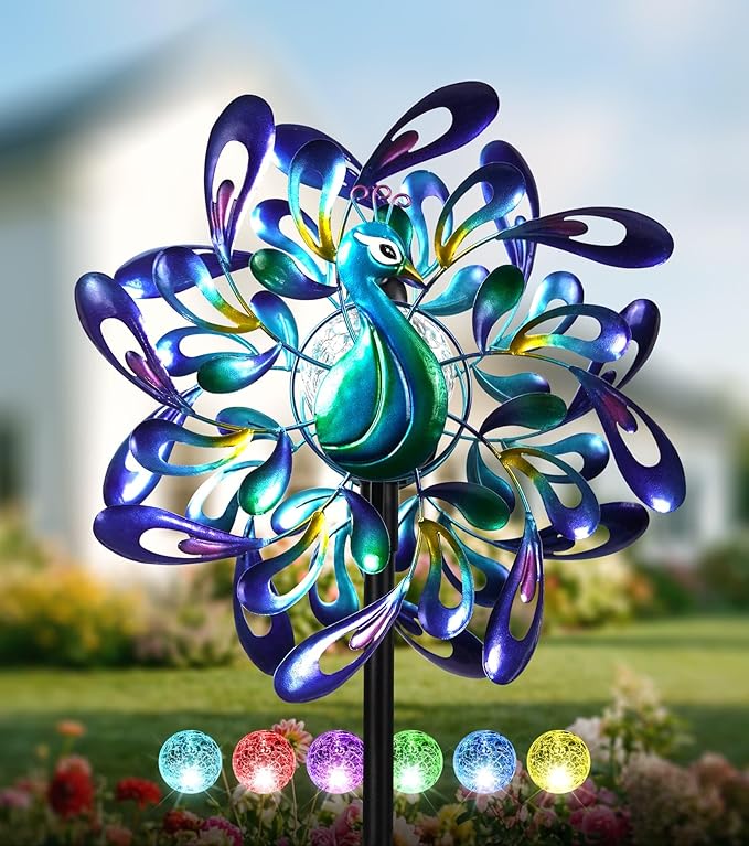 Peacock Wind Spinners Outdoor for Garden, Colorful Metal Kinetic Yard Art with Radial Motion, Decorative Outdoor Wind Sculpture for Lawn, Patio & Walkway