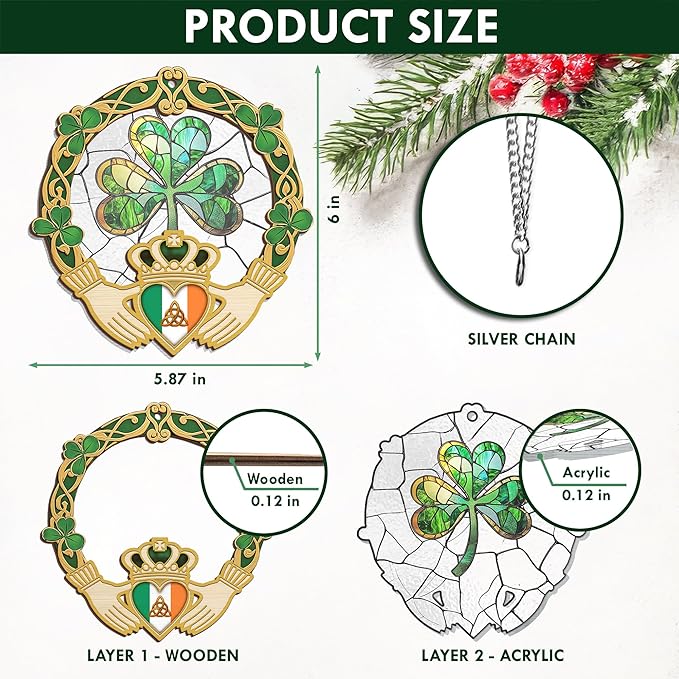 FLAGWIX St Patricks Day Decorations - Saint Patricks Day Decor Double Layered 6 inch Hanging Suncatcher - Irish Shamrock Celtic Cross Home Decoration, Gifts for Women Men, Gifts for Friends