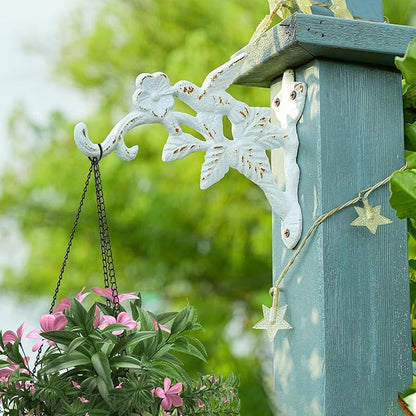 Sungmor Cast Iron Hanging Plant Brackets Decorative Plant Hanger, 2 Pack White Wall Mounted Flower Pot Hooks, Outdoor Bird Feeder Hanger, Vintage Garden Hooks for Wind Chimes, Lanterns, Birdhouse