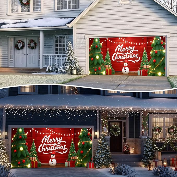 IVN Christmas Garage Door Cover Decoration 13x6ft Snowman Cartoon Trees String Lights Design Merry Christmas Winter Garage Door Banner Home Door Front Yard Decor for Xmas Eve Holiday Outdoor