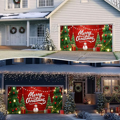 IVN Christmas Garage Door Cover Decoration 13x6ft Snowman Cartoon Trees String Lights Design Merry Christmas Winter Garage Door Banner Home Door Front Yard Decor for Xmas Eve Holiday Outdoor