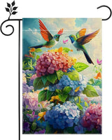 Hummingbirds Hydrangeas Garden Flag 12x18 Inch Double Sided Burlap, Spring Summer Welcome Colorful Floral Yard Decor, Farmhouse Outdoor Flag