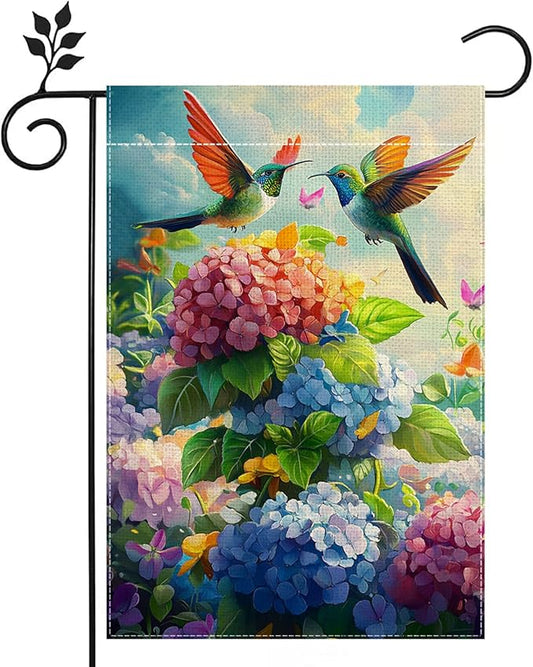 Hummingbirds Hydrangeas Garden Flag 12x18 Inch Double Sided Burlap, Spring Summer Welcome Colorful Floral Yard Decor, Farmhouse Outdoor Flag