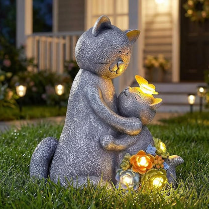 Candieslife Solar Garden Statues Loving Cat Figurine Lights for Outside, Yard Decorations Outdoor, Garden Decor Unique Mothers Day Birthday Housewarming Gifts for Mom, Women, Lover