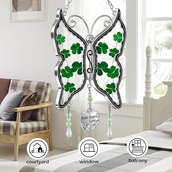 KY&BOSAM Shamrock Butterfly Suncatcher Faith Hope Love Irish Stained Glass for Windows Suncatchers Hangings Ornament Wind Chime with Real Flower as Gifts for Mom Mothers Day St Patrick's Day Decor