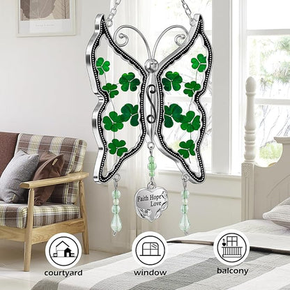 KY&BOSAM Shamrock Butterfly Suncatcher Faith Hope Love Irish Stained Glass for Windows Suncatchers Hangings Ornament Wind Chime with Real Flower as Gifts for Mom Mothers Day St Patrick's Day Decor