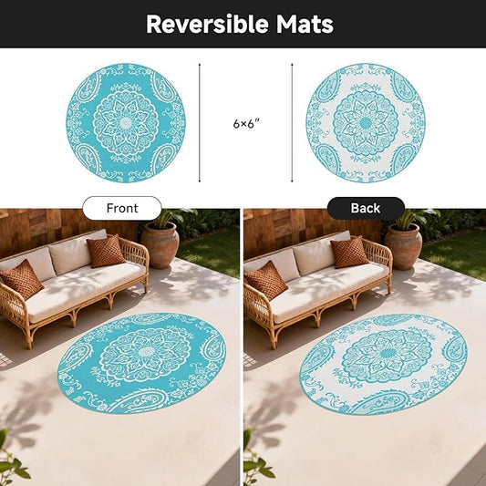 Pauwer Waterproof Outdoor Rug 6ft, Reversible Plastic Straw Patio Camping Rug, Indoor Outdoor RV Mat Carpet for Deck, Camper, Porch, Balcony, Backyard, Picnic, Boho Teal