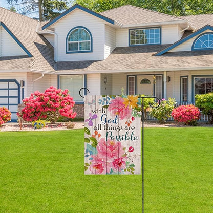 Artofy with God all Things are Possible Christian Home Decorative Garden Flag, Spring Summer Religious House Yard Outdoor Peony Flower, Inspirational Butterfly Outside Farmhouse Small Decor 12 x 18