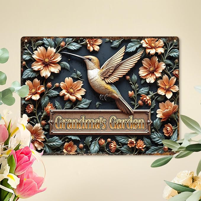 Custom Garden Signs Personalized Metal Tin Sign for Women, Hummingbird Metal Sign for Outdoor, Patio, Yard Rustic Home Decor Gift for Mothers Day, Grandmas, and Gardening Lovers