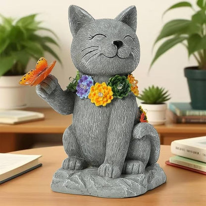 Oneirion Solar Cat Garden Statue - 7 LED Lights with Flowers & Butterfly Yard Art, Lawn Porch Outdoor Decor, Gift for Mom, Grandma & Women