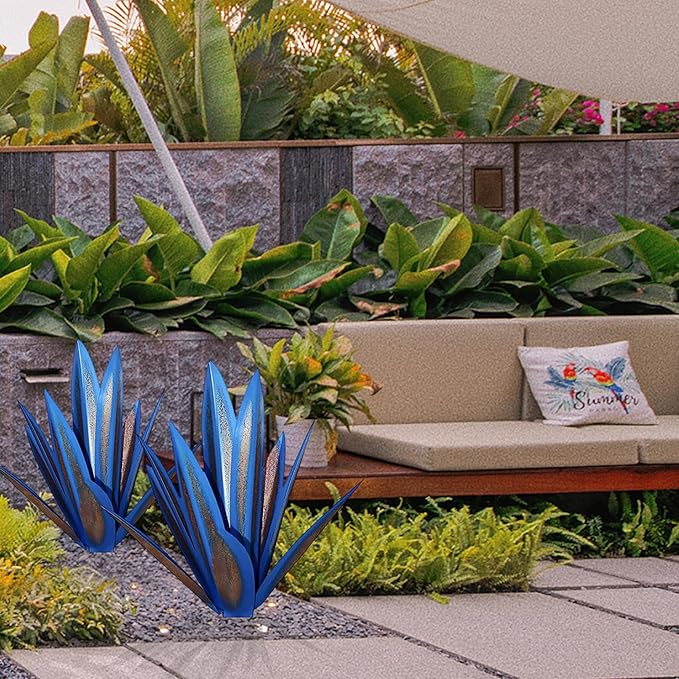 NIDONE Garden Tequila Decor, 2PCS DIY Metal Tequila Rustic Sculpture Metal Agave Yard Art for Outdoor Lawn Ornaments (Blue)