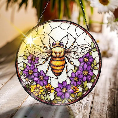Bimkole Bee Stained Glass Suncatcher Window Hanging - Flowers Design for Indoor Window or Doorway Decoration - 7.87x7.87 inch with Chain and Hook - Unique Home Decor Gift