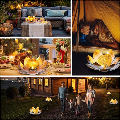 AIINY Garden Solar Lights Outdoor(2Pack), Amber Crackle Globe Glass Lotus Decoration, Waterproof Orange Metal LED Flower Lights for Patio,Lawn,Walkway,Tabletop,Ground, Garden Gifts for Women