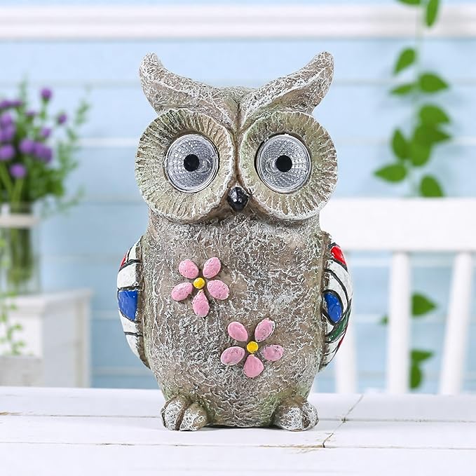 Solar Garden Owl Statue - Decorative Owl Figurine with Solar Powered Eyes, Gray Stone-Look Finish for Outdoor Decor