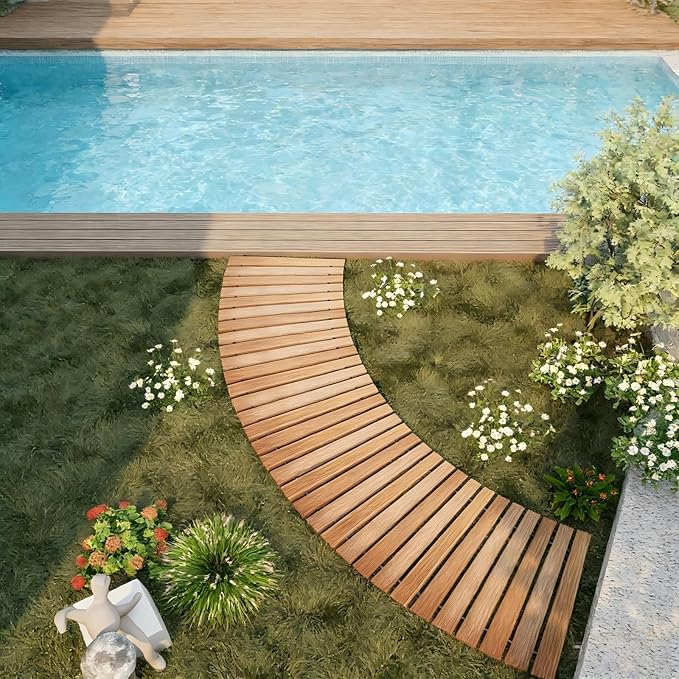 6FT Curved Wooden Garden Pathway Walkway Outdoor Roll Out Decorative Garden Non-Slip Patio Path Decorative Boardwalk Outdoor Road Floor for Backyard Beach Wedding Party