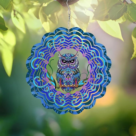 Wind Spinner Mandala 12 inch 3D Stainless Steel Laser Cut Metal Art Geometric Pattern Hanging Wind Spinner (owl)