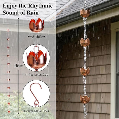 Topadorn 8.5 FT Metal Lotus Rain Chain with 11 Tulip Shaped Copper Cups for Outdoor Home Garden Decor Replacement for Gutter Downspouts, Divert Water and Home Display
