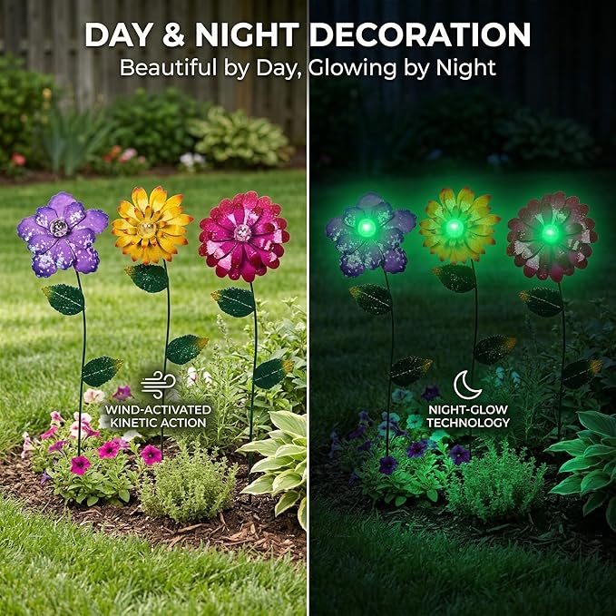 Topadorn 3 Pack Floral Garden Stake Outdoor Glow in Dark Plant Pick Waterproof Metal Flower Spring Decorations Lawn Yard Patio Art Stakes, Ornaments Gift for Garden Lovers