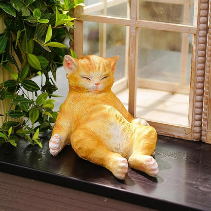 Orange Cat Garden Statue, Funny Resin Cat Figurine for Outdoor Indoor Decor, Cute Relaxing Cat Sculpture for Patio Yard Lawn Porch Shelf, Cat Lover Gift, Weather Resistant, 9.8" L x 5.9" W x 6.7" H