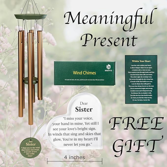 Memorial Wind Chime for Loss of Sister, 31" Wooden Sympathy Wind Chime for Outside, in Memory Bereavement Condolences Remembrance Sympathy Gift for Funeral, Sentimental Memorial Gift for Family
