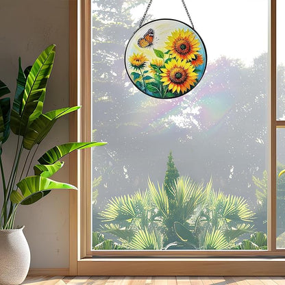 Sunflower Sun Catcher Stained Glass Window Hanging, 7.8" Suncatcher Glass Panel Window Decoration, Nature Lover Gift for Women, Wall Garden Art Decor, Gift for Birthday Christmas & Holidays