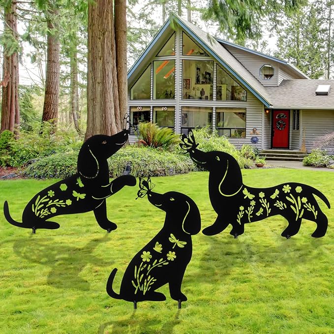MorningRo 3 Pcs Dog Garden Decor for Outside Dachshund Gifts for Women Dog Lovers 12" Metal Puppy Garden Stake Silhouette Statues Outdoor Decor Men Spring Patio Lawn Yard Art