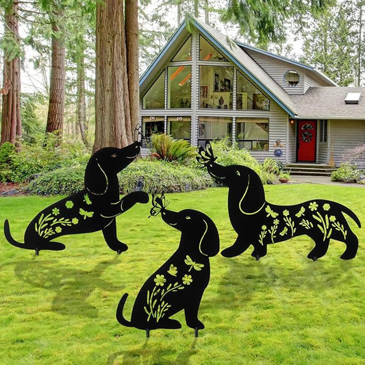 MorningRo 3 Pcs Dog Garden Decor for Outside Dachshund Gifts for Women Dog Lovers 12" Metal Puppy Garden Stake Silhouette Statues Outdoor Decor Men Spring Patio Lawn Yard Art