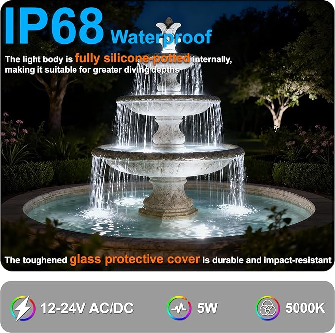 Fountain Lights LED Underwater, 5W 5000K 12V-24V AC/DC Submersible LED Lights for Pond Fountain Waterfall Pool Aquascape, 45 Degree Angle Water Spot Lights, IP68, Stainless Steel, Black, 6PK