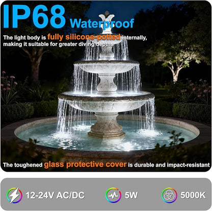Fountain Lights LED Underwater, 5W 5000K 12V-24V AC/DC Submersible LED Lights for Pond Fountain Waterfall Pool Aquascape, 45 Degree Angle Water Spot Lights, IP68, Stainless Steel, Black, 6PK