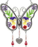 KY&BOSAM Suncatcher Butterfly Stained Glass Love Suncatchers Ornament hangings for Windows Wind Chime with Pressed Dried Flower Wings Embedded in Glass for Mom Birthdays Christmas