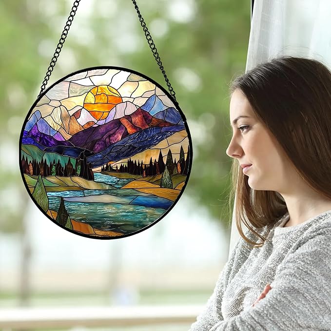 Stained Glass Window Hanging, Mountains River Trees Abstract Sunset Landscape Suncatcher for Doors Window Home Sun Catchers Decor Mother's Day Birthday Gifts for Women Men Mom 9.8 in